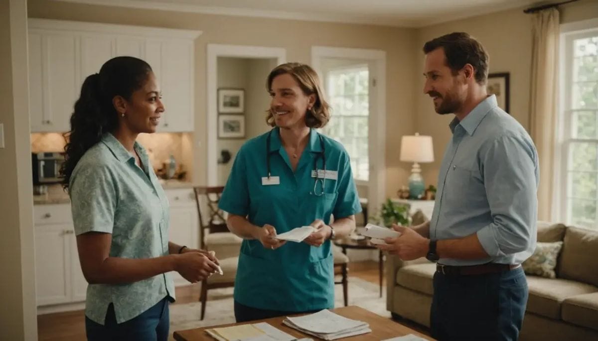A cleaning service representative discussing options with a homeowner in an Alexandria home, focus on